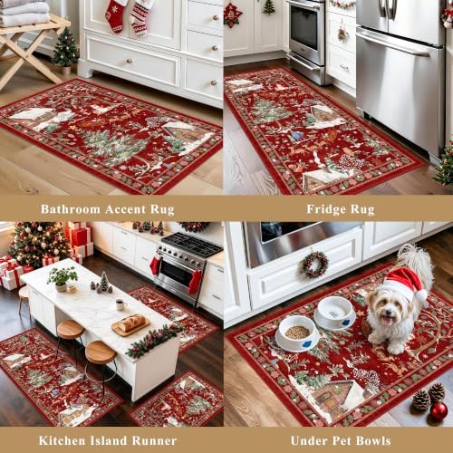 3-Piece Christmas Rug Set for Kitchen: Red Washable Throw Kitchen Mat Low Pile Soft Non-Slip with Rubber Backing for Sink Floor Mat ＆Holiday, Hallway, Entryway - Image 5