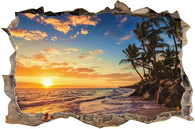 Sunset Beach Wall Decals 3D Broken Walls Stickers Peel and Stick Art Murals | Sunset palm tree stickers, removable beach seascape vinyl decal, for bedroom living room kitchen summer art print decorative - Image 8