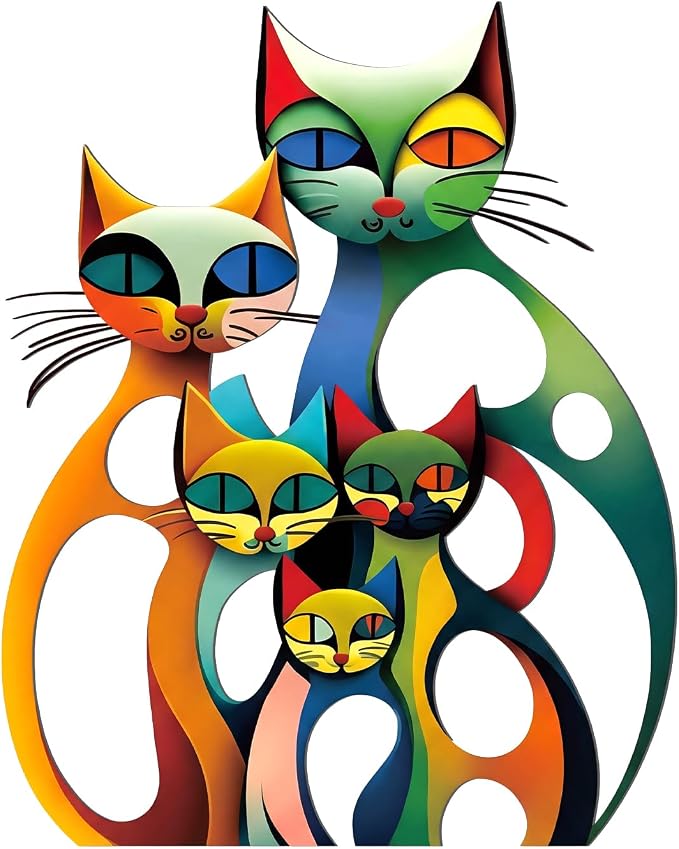 Wesiti Cat Wall Art Metal Sculpture Colorful Mid Century Decor 13.78x11 | Iron Sculpture for Feline Lovers, Retro Design for Living Room Bedroom Office, Vibrant Colorful Home Decoration by Unteilti