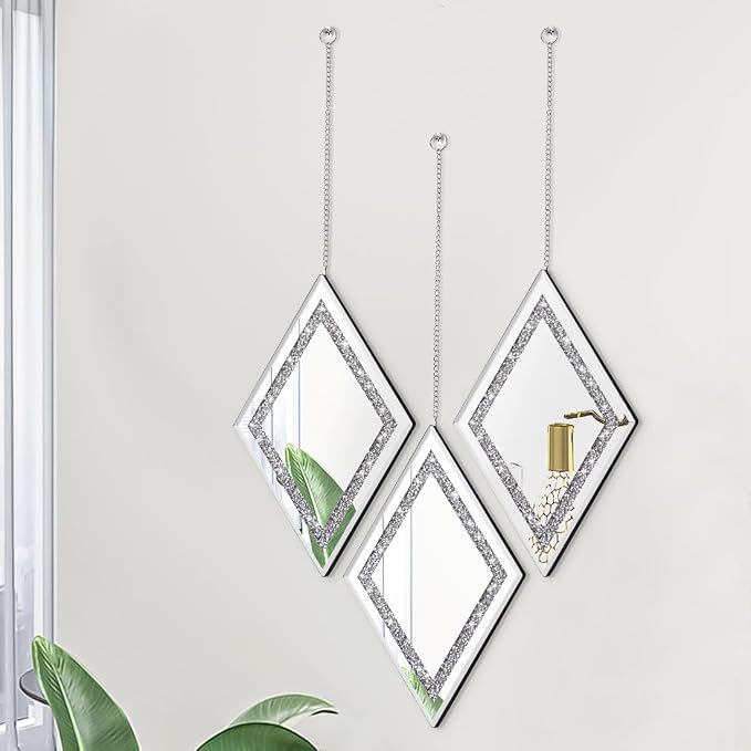 Pibeyer Silver Diamond Shaped Wall Mirror Set of 3, Decorative Crystal Crush Diamond Mirrors for Bedroom, Living Room & Hallway, Home Decor - Image 2