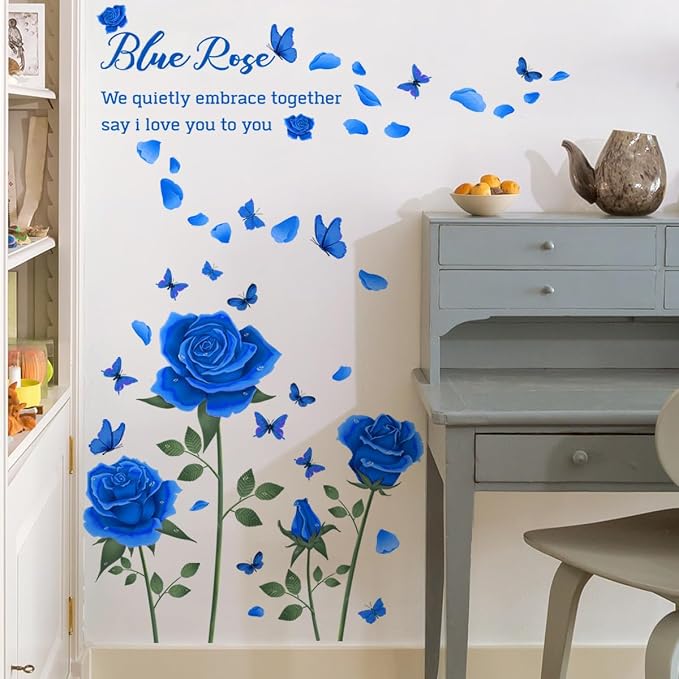 Blue Rose Wall Decals with Butterflies, Romantic Flower Wall Stickers with Quotes, Wall Art Decor for Bedroom Living Room, Blue Rose Petal Wall Mural for Room Rose Stickers - Image 3