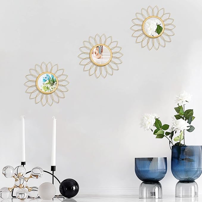3 Pack Metal Mirrors for Wall Sunburst Wall Mirrors Home Décor Decorative Hanging Wall Art for Living Room Bedroom Entryway (Gold, Flowers) - Image 4