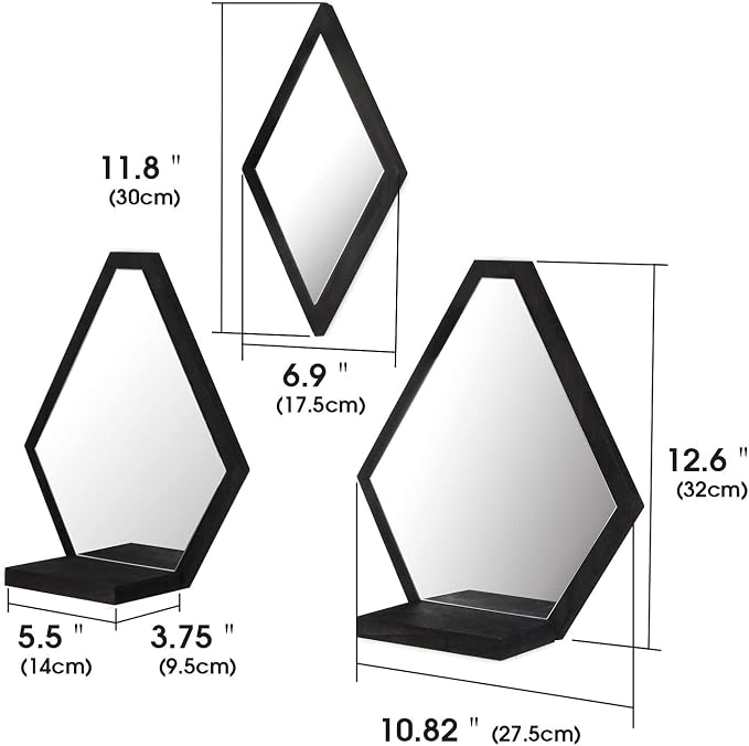 JACKCUBE Design Wall Mount Decorative Mirrors- Set of 3, Geometric Rustic Wood Real Mirror with Shelf for Bedroom, Bathroom, Living Room, Kitchen Wall Art Décor- MK689A - Image 6