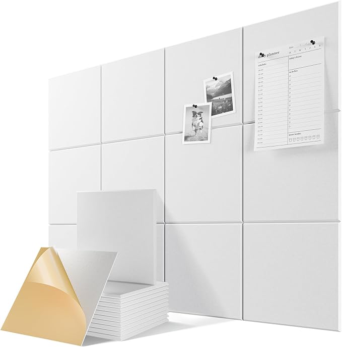 6 Pack Self-Adhesive Sound Proof Foam Panels for Walls 12"x12"x0.4" Fabric | High-Density Acoustic Panels, Noise Reducing Soundproof Wall Panels for Home Studio, 36" x 24" Felt Bulletin Board White by Lebenforce