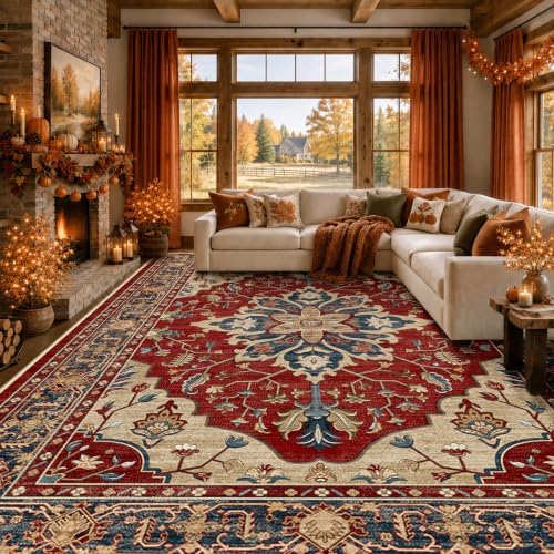 RELEANY Washable Area Rug, Large 9'x12', Red/Blue by RELEANY