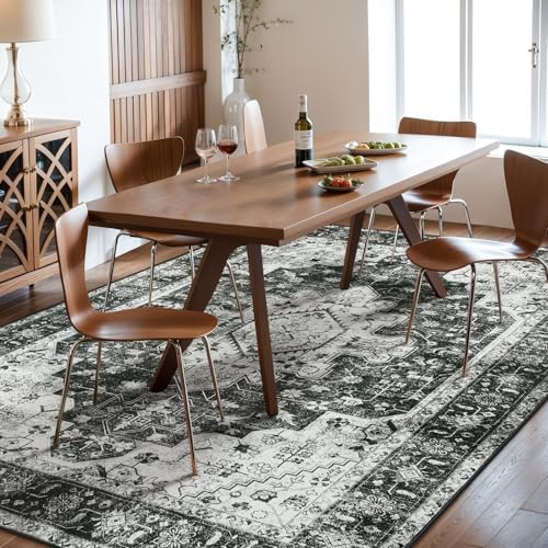 Moynesa Ultra-Thin Washable Area Rugs 8x10 Black and White Rugs for Living Room, Boho Large Rugs for Bedroom Non Slip Lightweight, Vintage Low Pile Carpet for Dining Room Home Office Decor - Image 3