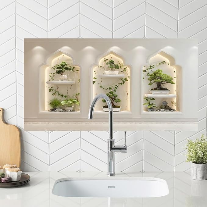 Bonsai Zen Niche Kitchen Backsplash Peel and Stick, 30x16 in | Three arched niches with bonsai and trailing vines under warm LED light; flat 2D waterproof peel and stick; wipe clean; 30x16 by JOYHAUE