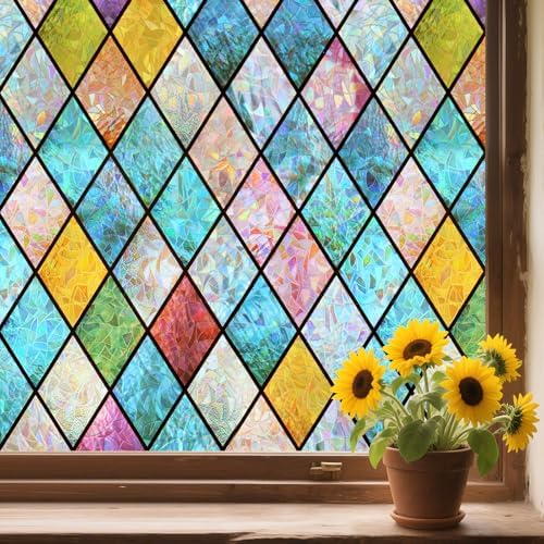 WPCTEV Stained Glass Rainbow Window Privacy Film, Rhombus 17.5In x 6.5Ft by WPCTEV
