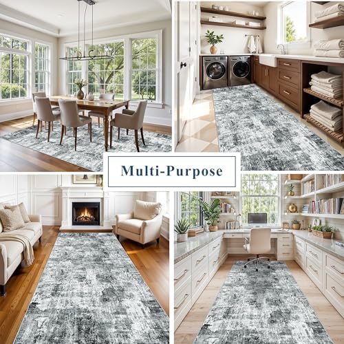 4x10 ft Extra Wide Hallway Rug – Non-Slip Washable Rubber-Backed Large Carpet Runner for Kitchen, Entryway | Modern Abstract, Low-Pile Thin Floor Mat for Bedroom Living Room Dining Room（Grey） - Image 4