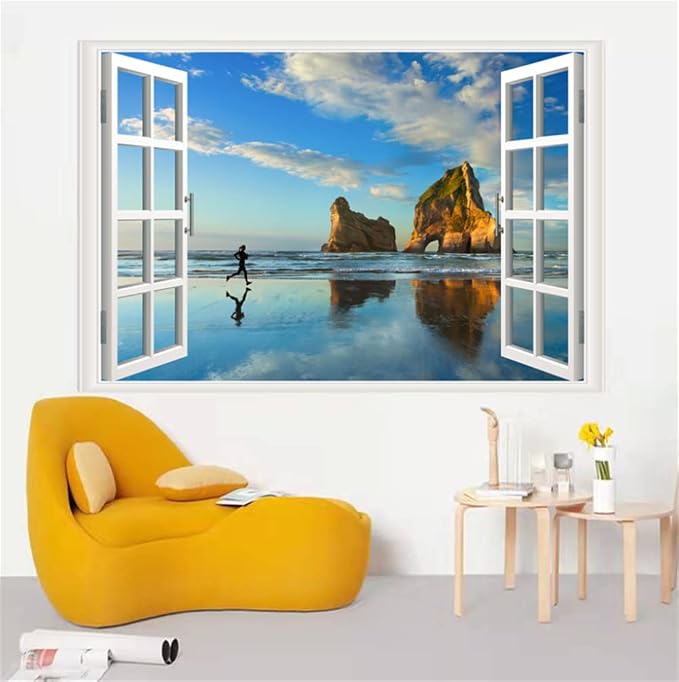 Self-Adhesive Wall Sticker Romantic Living Room Bedroom Study Office Decorative Wall Sticker Ocean Scenery Fake Window Sticker Mural (17.3"×27.6", Early Morning Beach) - Image 5