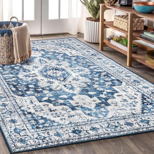 Moynesa Ultra-Thin Vintage 8x10 Area Rugs - Blue Bedroom Rugs for Living Room Non-Slip Stain Resistant, Printed Oriental Playroom Mat Indoor Floor Carpet for Dining Table Office Decor - Image 4