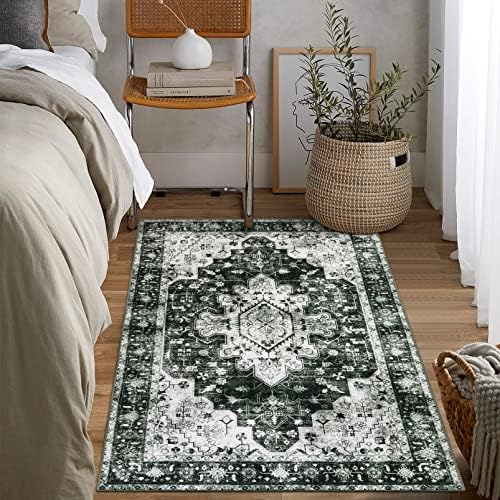 Moynesa Ultra-Thin Washable Vintage Area Rug - 3x5 Boho Entryway Rug Oriental Medallion Living Room Mat Non-Slip Non-Shedding Stain Resistant Indoor Accent Carpet for Kitchen Bedroom, Black/White by Moynesa