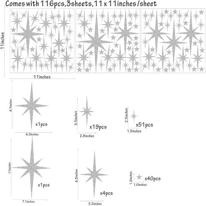 Retro Starburst Wall Decals Star Wall Stickers Atomic Stars Celestial Decor | Peel and stick, silver wall stars, starburst wall decor, removable art murals, for nursery living room bathroom - Image 2
