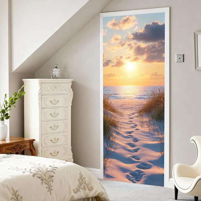 Sunset Beach Door Mural, Coastal Ocean Path Door Cover | Waterproof PVC, 30.3" W x 78.7" L; sunset beach scene for bedroom, entryway, office or closet doors. - Image 6