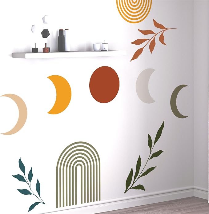 Boho Mid-Century Sun and Moon Wall Decals Peel and Stick, Large Arch Vinyl Wall Stickers, Removable Leaves Home Decor Art for Bedroom Living Room Classroom Office - Image 3