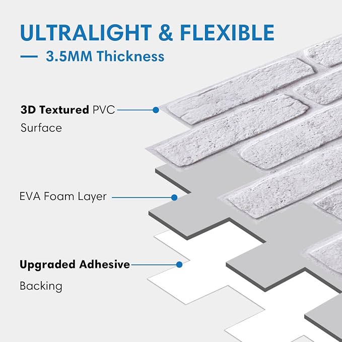 COMSTICKC 3D Faux Brick Wall Panel Peel and Stick Wall Covering | White with Gray Spots, 12 Pcs of 22.8" x 11.8", UrltraLight PVC 3D Brick Wall Stickers Tiles for Indoor Deocr, 22.48 sq.ft - Image 4
