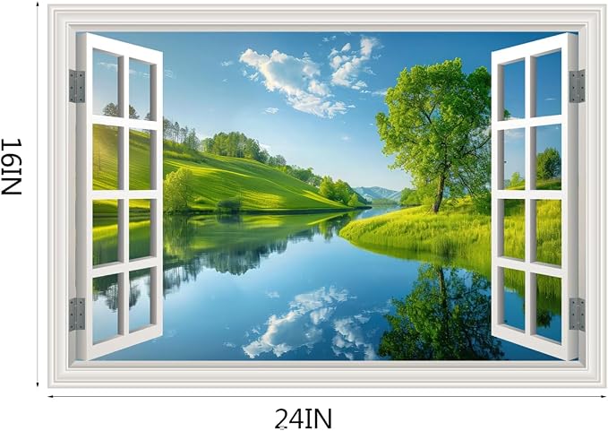 Fake Window Wall Decal- Lake Green Tree Grassland Open Wall Art Sticker | Faux Window Grassy Hills Natural Scenery Landscape Mural｜ Stick and Peel Wall Decals｜for Room Bedroom Office Decor｜24"x16" - Image 2