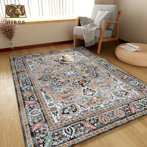 Washable Area Rug 6' x 9' Vintage Traditional Persian Mat - Foldable Distressed Non-Slip Machine Washable Carpet for Living Room Bedroom Kitchen Home Decor - Slate and Multicolor - Image 4