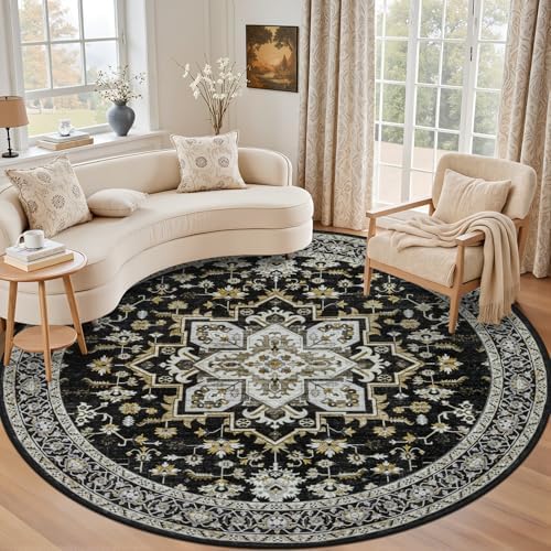 Round Area Rug for Living Room: 6ft Boho Washable Rug Black Gold by EXPEDIX
