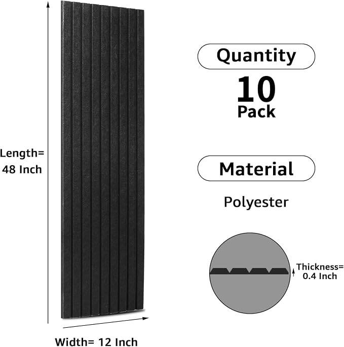 Art3dwallpanels Acoustic Panels, 48" X 12" X 0.35", Black, 10 Pack | Soundproof Wall Panels, Self Adhesive, High Density Sound Absorbing, Acoustic Treatment for Recording Studio, Office - Image 3