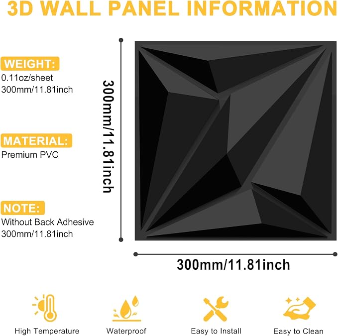 33-Pack 3D Wall Panels Black for Interior Wall Decor, Waterproof PVC Diamond Texture Accent Wall Panels for Gaming Room Living Room Bedroom Office, 12"x12" Matte Black Geometric Wall Tiles - Image 5