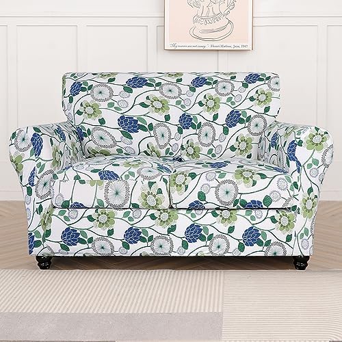 SearchI Stretch Sofa Cover Printed Couch Cover, Floral Pattern 3 Pieces Loveseat Slipcover with 2 Separate Cushion Cover, Washable Furniture Protector for Living Room(Loveseat, Green Flowers) - Image 5