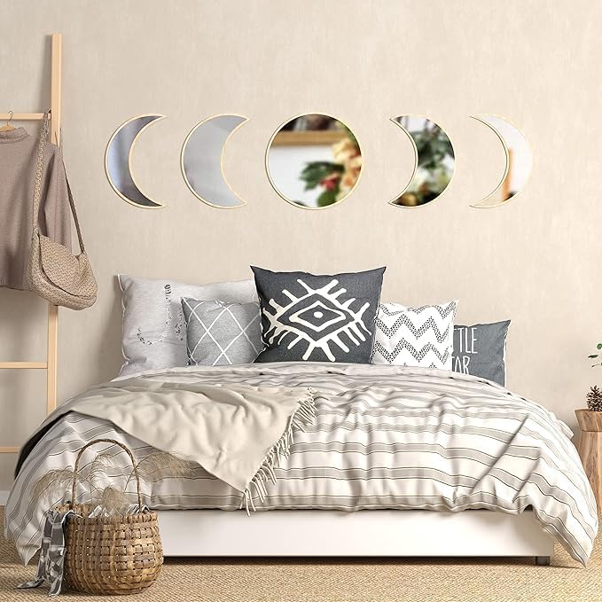 10.4" Raw Acrylic Moon Phase Wall Mirror Set - 5-Piece Boho Celestial Decor for Living Room Bedroom Entryway, Easy Stick-On Installation, Shatterproof Safety Design - Image 6
