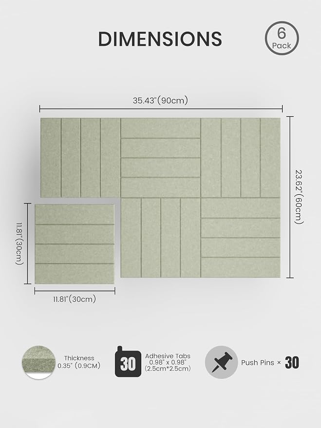 Bumusty 36"x 24" Large Felt Bulletin Board Tiles, Sage | 6-Pack Cork Board Alternative, Wall Decor, 30 Pushpins, 30 Adhesive Tabs, Vision Board, Office, Classroom, Home, Dorm - Image 2