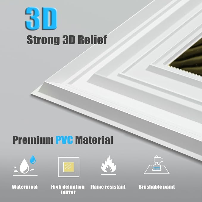 Chejiaye 12 Pack PVC Ceiling Tiles 19.7"x19.7" – Golden Mirror & White 3D Wall Panels for Wall and Ceiling Decoration,Cover 32.3 Sq.Ft – Waterproof,Lightweigh - Image 5