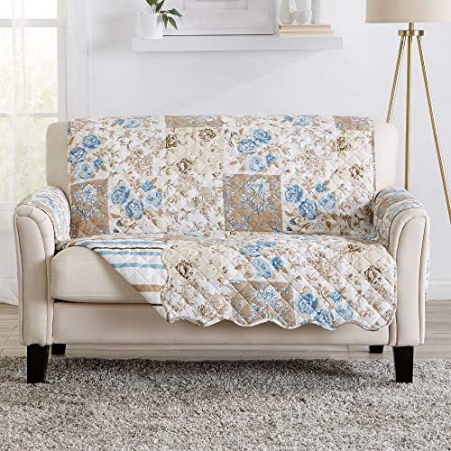 Great Bay Home Reversible Floral Patchwork Loveseat Furniture Protector - Machine Washable, Scalloped Edge, Stain Resistant, Printed Furniture Cover for Dogs, Kids, and Pets (Taupe/Blue) by GreatBayHome