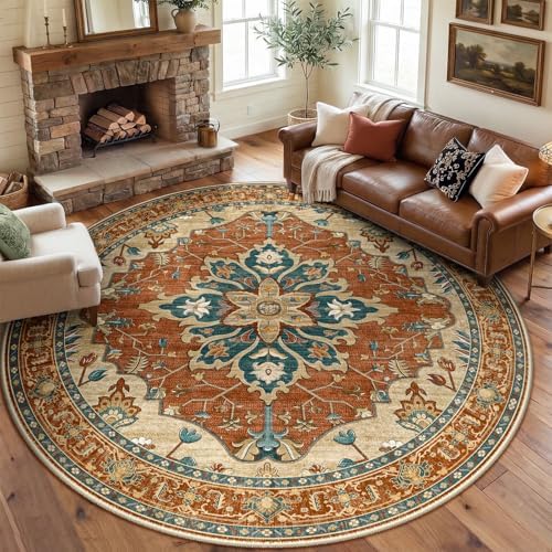 RELEANY Washable Area Rug, Round 8ft, Red/Orange/Blue/Brown by RELEANY