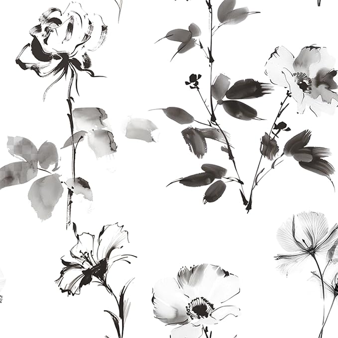 Hopepak Floral Wallpaper Peel and Stick Black and White Flower Peel and Stick Wall Paper Modern Contact Paper Removable Self Adhesive Wallpaper for Bathroom Bedroom Cabinet Decor Vinyl 17.3" x 78.7" by Hopepak