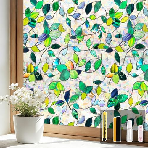 Finnez Window Privacy Film, Stained Glass Rainbow, Green, 23.6" x 157.4" by FINNEZ
