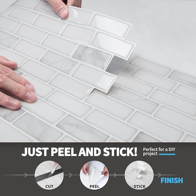 Art3d 10-Pack Peel and Stick Stone Backsplash Tile, 12" x 12", White Marble | Strong Adhesion, Lightweight, Cuttable, Waterproof, Fadeless, Crack Resistant, for Kitchen, Bedroom, Ideal for Recently Moved - Image 8