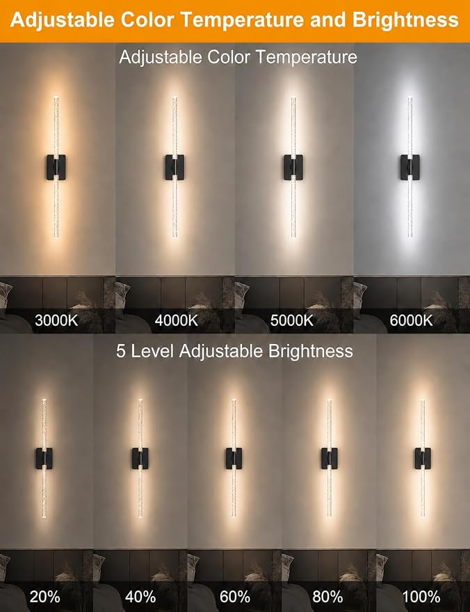 Crystal Bubble Rechargeable Wall Sconces Set of 2, Wireless Modern Lights | 10000mAh, Remote Control, 3000K-6000K Dimmable, 360° Adjustable, Ambient Lighting for Living Room, Bedroom, Picture, Bathroom - Image 7