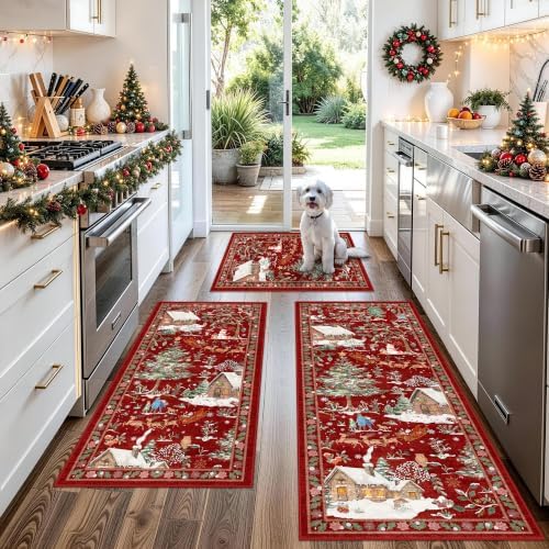 3-Piece Christmas Rug Set for Kitchen: Red Washable Throw Kitchen Mat Low Pile Soft Non-Slip with Rubber Backing for Sink Floor Mat ＆Holiday, Hallway, Entryway by BYYVOORugsforYourHome