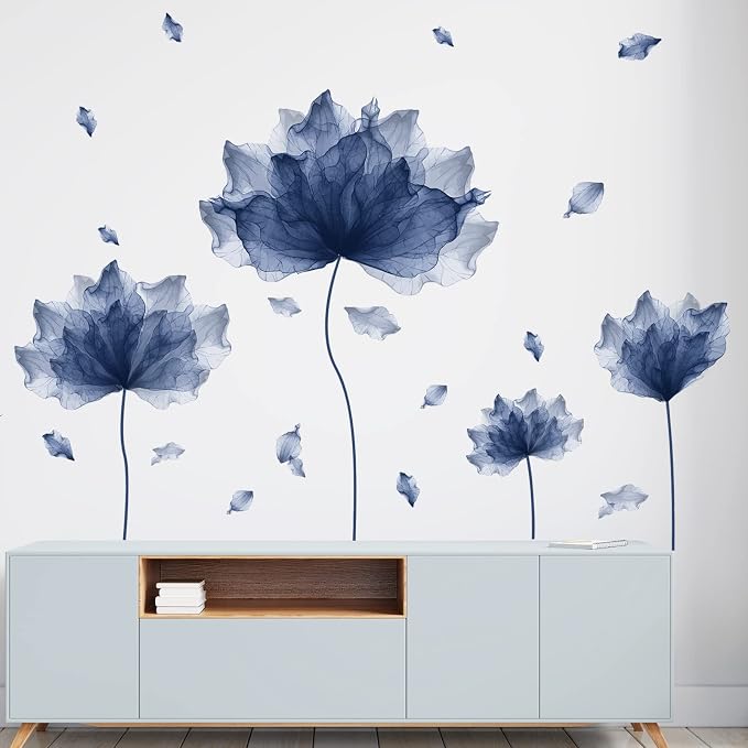 39.3'' x 32.6''Flower Petal Wall Decal Floral Wall Sticker (Navy) | Removable waterproof peel and stick wall art for nursery, baby room, classroom, living room, bedroom, office and bathroom by RoyoLam