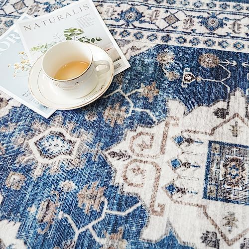 Hallway Washable Runner Rug - 2'6x14 Kitchen Rugs Entryway Rug Runner Vintage Soft Floor Mat Non Slip Indoor Farmhouse Carpet for Bathroom Living Room Bedroom (2'6''x14', Blue) - Image 4