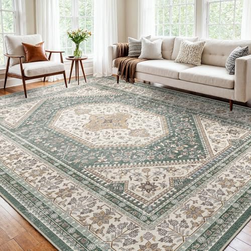 10x12 Washable Area Rug for Living Room - Non-Slip Vintage Rugs Green Beige by Puino