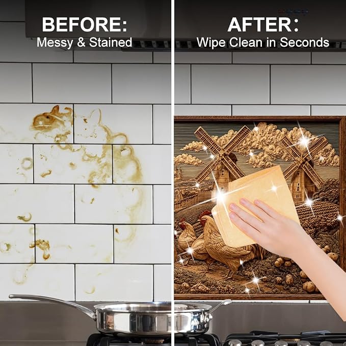 Rooster Windmill Kitchen Backsplash Peel and Stick, 30x16 in | Faux wood-carved rooster and windmill farmscape on warm walnut tones; flat 2D waterproof peel and stick; wipe clean; 30x16 in - Image 4