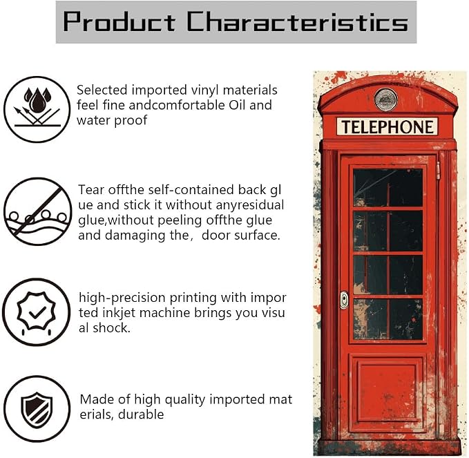 arricraft 2 Pcs Self-Adhesive Door Sticker, 31.5"x78.7" Red Vintage Phone Booths Door Murals Stickers PVC Door Removable Wallpaper Decoration for Bedrooms ​Living Room - Image 3