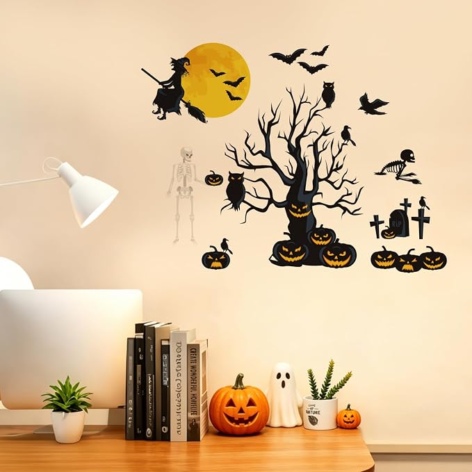 Halloween Wall Decals Large Spooky Dead Tree Pumpkin Wall Sticker Witch Flying to Moon Skeleton Bats Owl Graves Removable Vinyl Window Clings DIY Haunted House Holiday Home Party Decorations - Image 6