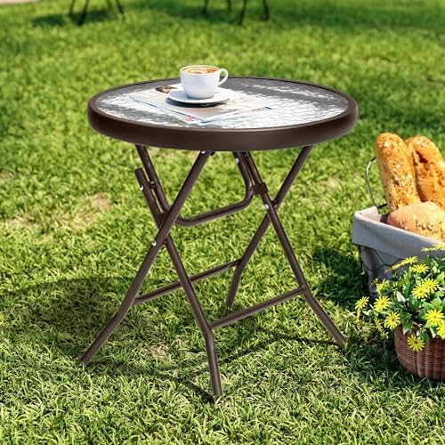 Foldable Side Table with Tempered Glass Top, Brown by PATIOHIT