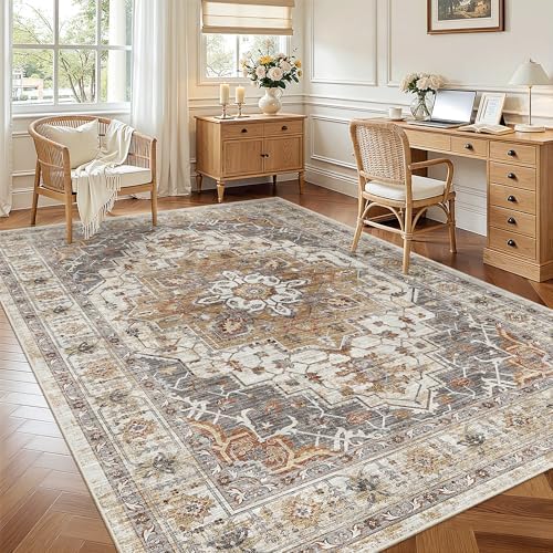 Madane 5x7 Area Rugs for Living Room, Non-Slip Washable Rug, Turmeric/Grey - Image 2