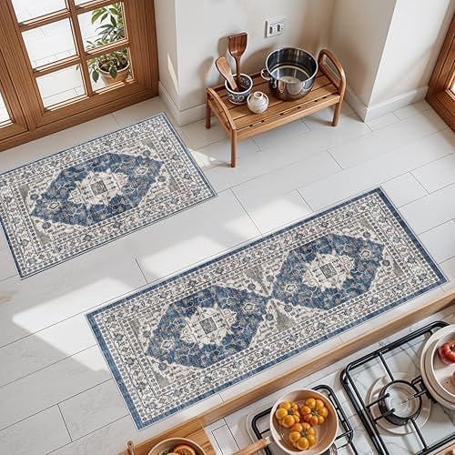 Kitchen Sink Rugs Set 0f 2: Washable Non-Slip Hardwood Floor Mat for Stove Dishwasher Fronts Soft Stain Resistant Carpet for Cooking Area & Fridge Boho Home Decor for High Traffic Area(2x3+2x4,Blue) by HYHAOYUNLAI
