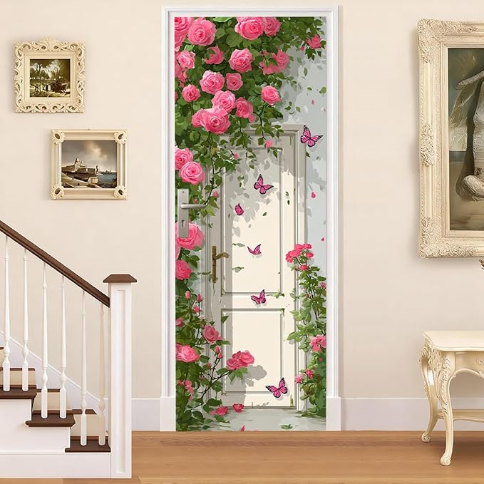 Rose Garden Door Mural, Pink Floral Gate Butterfly Door Cover | Waterproof PVC, 30.3" W x 78.7" L; pink rose garden design for bedroom, entryway, living room or closet doors. - Image 2