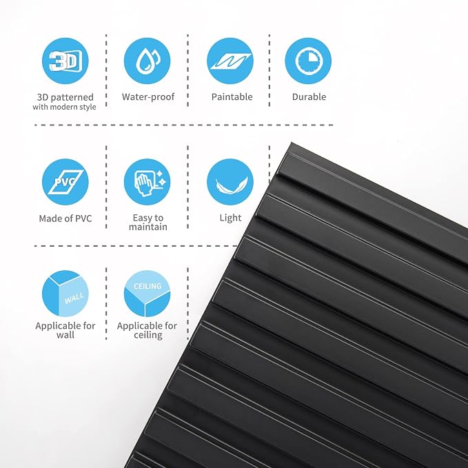 Art3d 3D Fluted Textured Slat Wall Panels, 19.7 x 19.7 in, 12-Pack, Black | PVC, Waterproof, Scratch Proof, Wipeable, Break-Proof, Ideal for Home, Office and Commercial Spaces - Image 7