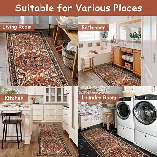 Moynesa Ultra-Thin Washable Runner Rug - 2'6"x8 Non-Slip Kitchen Runner, Non-Shedding Stain Resistance Low Pile Bedroom Mat Indoor Accent Carpet Runner for Bathroom Hallway, Brown/Multi - Image 6