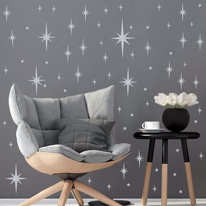 Retro Starburst Wall Decals Star Wall Stickers Atomic Stars Celestial Decor | Peel and stick, silver wall stars, starburst wall decor, removable art murals, for nursery living room bathroom - Image 4