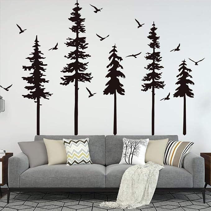 Large Pine Trees Wall Decals Black Forest Wall Stickers Christmas Decoration Wallpaper Woodland Animal Birds Mural Decals Peel and Stick Vinyl Wall Art Stickers for Bedroom - Image 3